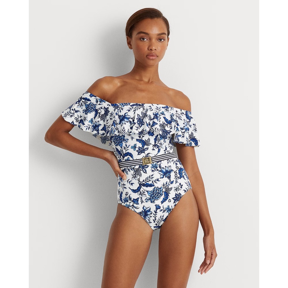 Lauren Ralph Lauren Off Shoulder Floral One‎ Piece Swimsuit XL Striped Logo Belt